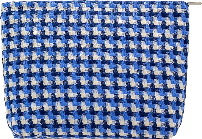 Flat Makeup Bag for Women,Zipper Cosmetic Pouch for Purse,Grid Lake Blue