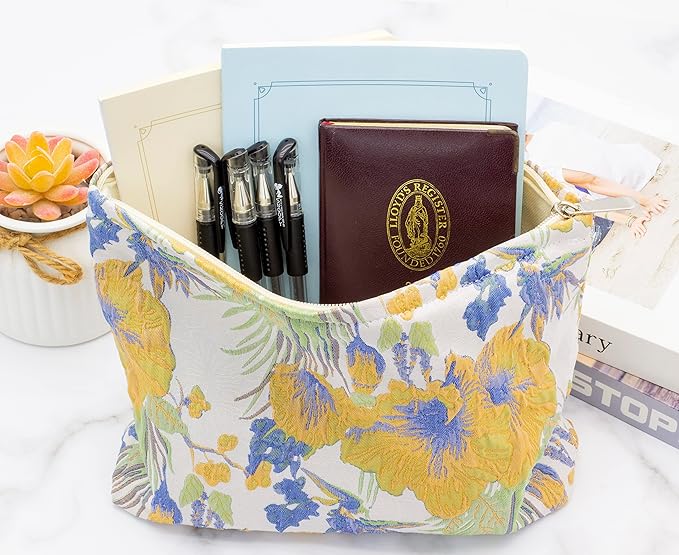 Flat Makeup Bag for Women,Zipper Cosmetic Pouch Purse,Brocade Flower Yellow