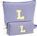 Fohufo Travel Makeup Bag Organizer - Travel Essentials, Initial Travel Toiletry Bag with Zipper | Small Makeup Bag for Purse Cute Blue Stuff Birthday Gifts for Women Mom Daughter, Blue Letter L
