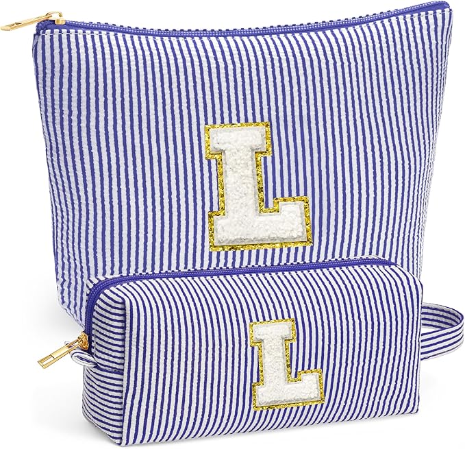 Fohufo Travel Makeup Bag Organizer - Travel Essentials, Initial Travel Toiletry Bag with Zipper | Small Makeup Bag for Purse Cute Blue Stuff Birthday Gifts for Women Mom Daughter, Blue Letter L