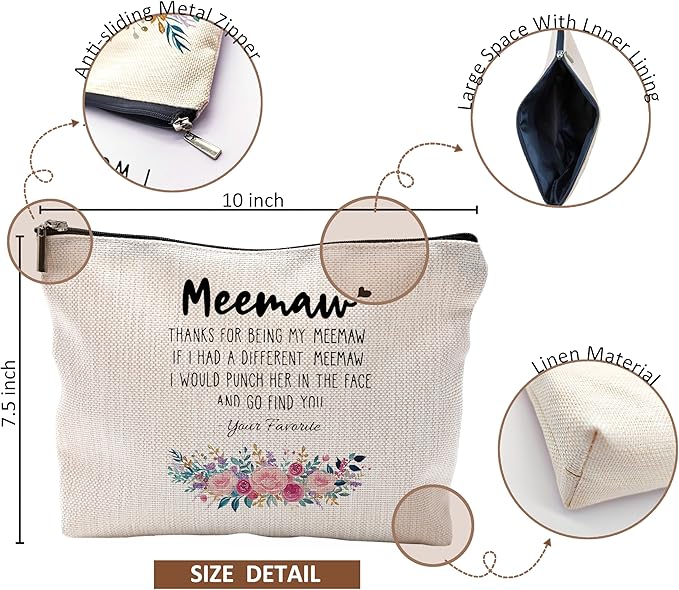 QGFM Funny Meemaw Gifts Makeup Cosmetic Bag - Memaw Mothers Day Gift, Memaw Grandma Gifts from Grandkids, Memaw Birthday Gifts, Best Grandma Gifts, Meemaw Floral Small Makeup Bag for Purse