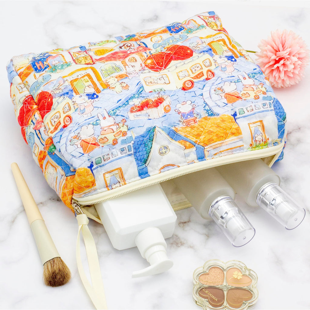 PAZIMIIK Quilted Makeup Bag Large Travel Zipper Soft Cosmetic Pouch for Women Girls Make Up,Little Bunny