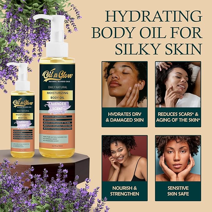 OilnGlow 100% Natural Hydrating Body Oil After Shower, Non-Greasy Moisturizing Body Oils For Women, & Men Dry Skin 5.07 fl oz/150ml- Lavender Scent