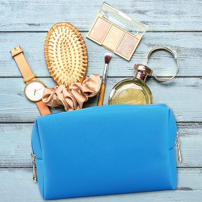 Sanwuta 9 Pcs Makeup Bags Bulk Bridesmaid Proposal Gifts Cosmetic Bags Preppy PU Leather Double Zipper Toiletry Pouch Portable Travel Organizer Case for Women Bachelorette Gift(Blue)