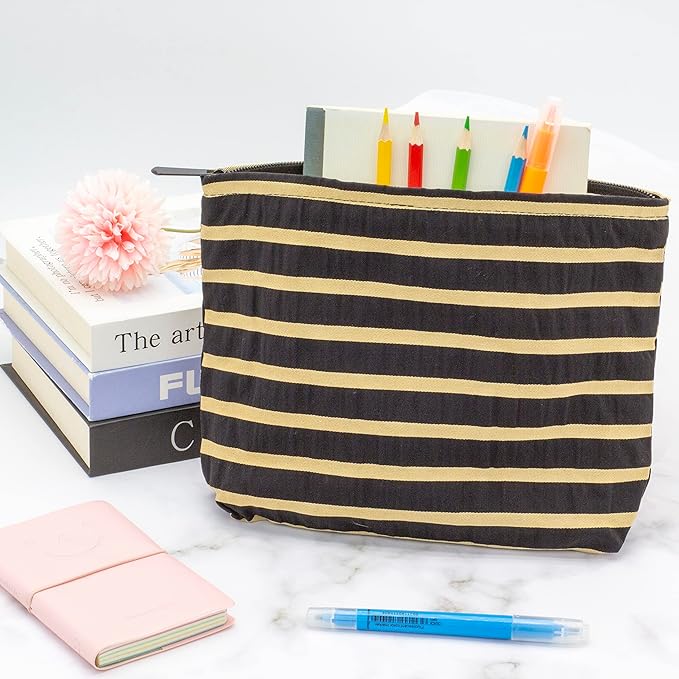 Flat Makeup Bag for Women,Zipper Cosmetic Pouch for Purse,Stripe Black