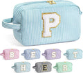 YOOLIFE Initial Cosmetic Bag for Women - Monogram Cute Makeup Bag Cosmetic Case Toiletry Pouch for Women Her Best Friend Sister Teacher, Personalized Birthday Gifts for Women, Light Blue P