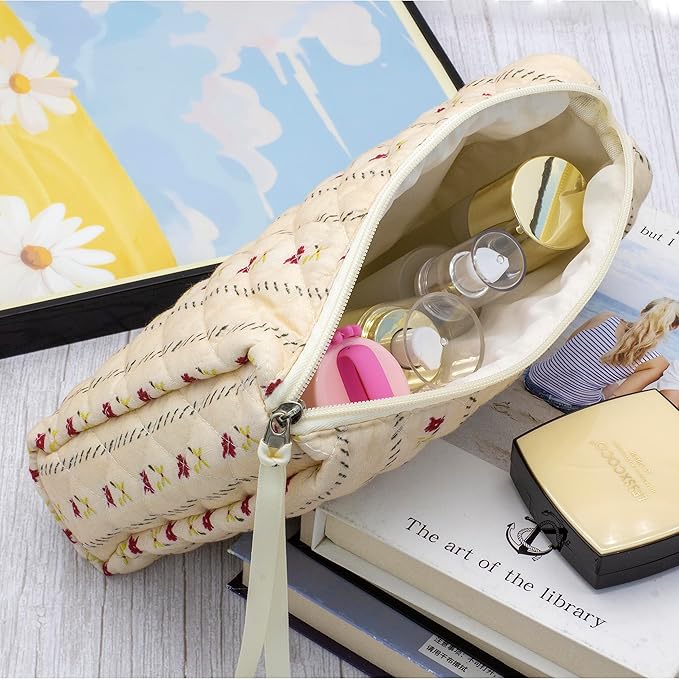 3 Piece Quilted Makeup Bag Set for Women,Cosmetic&Toiletry Bag,Flower Beige