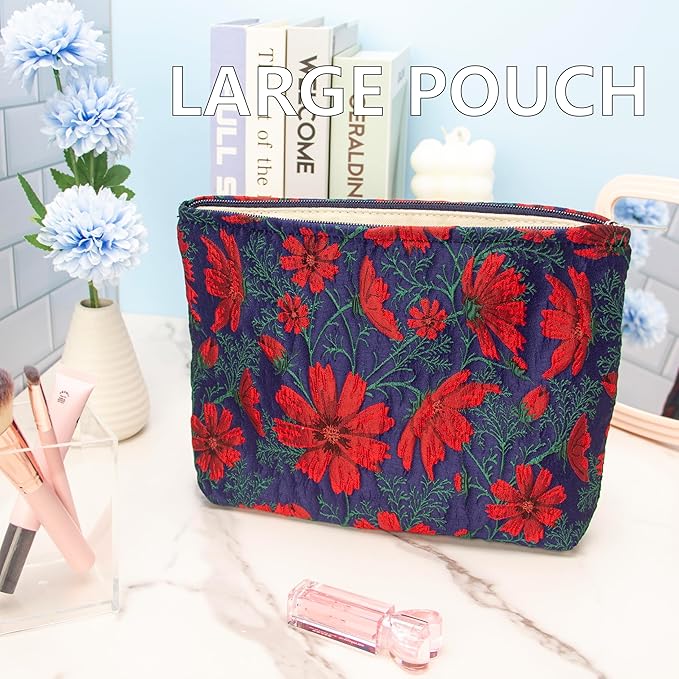 Flat Makeup Bag for Women,Zipper Cosmetic Pouch for Purse,Brocade Navy Blue