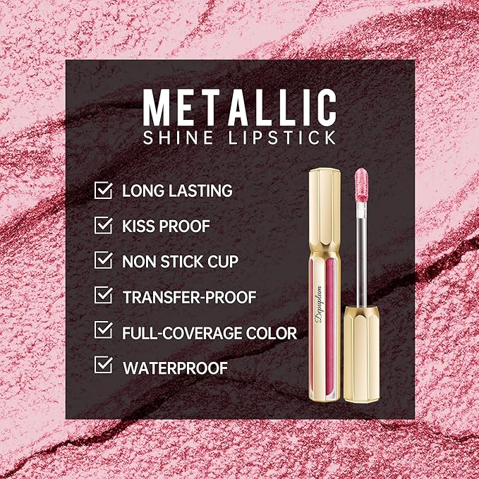 Depuplum Pink Lipsticks for Women Metallic Glitter Lipstick Long Lasting