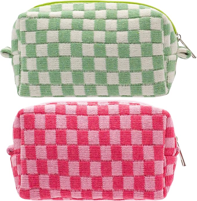 Checkered Makeup Bag for Purse, Small Cosmetic Pouch,Green Hotpink,2 Pack