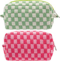Checkered Makeup Bag for Purse, Small Cosmetic Pouch,Green Hotpink,2 Pack