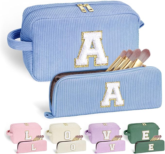 YOOLIFE Makeup Bag for Women - Monogram Cute Initial Blue Makeup Bag Cosmetic Bag Make Up Bag for Women Her Best Friend Friendship Sister Teacher Personalized Teen Girl Birthday Gifts for Women Her A