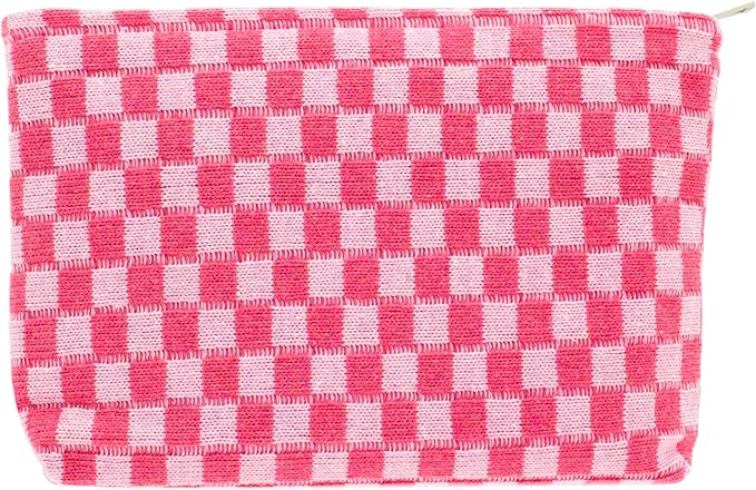 PAZIMIIK Checkered Makeup Bag for Purse, Small Flat Cosmetic Pouch,Hotpink