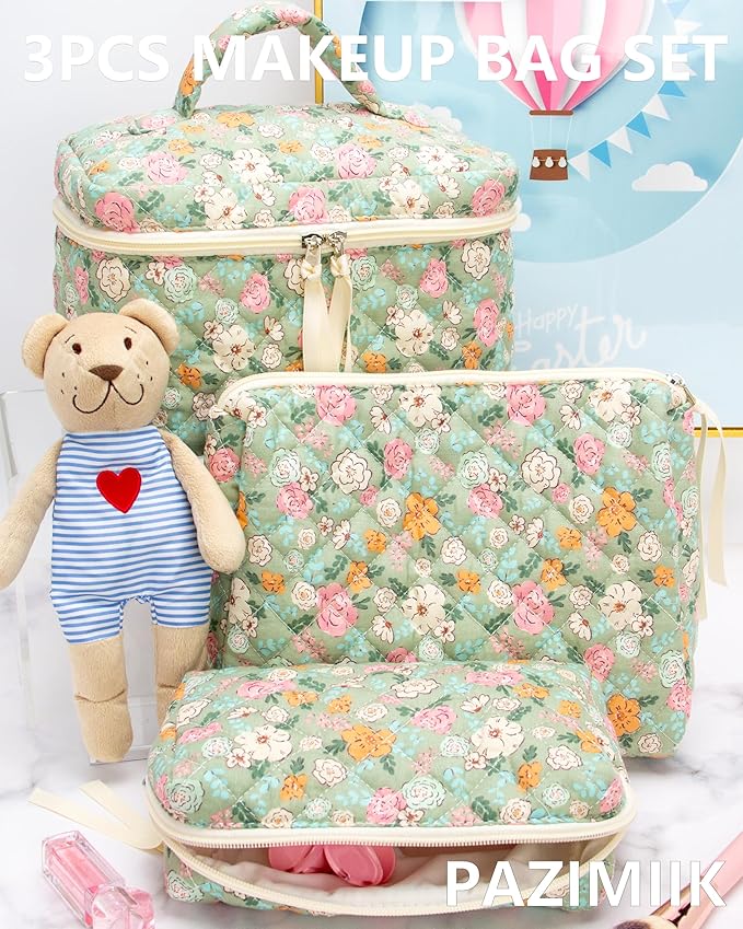 3 Piece Quilted Makeup Bag Set for Women,Cosmetic&Toiletry Bag,Green Flower