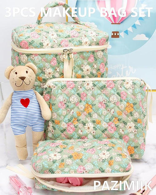 3 Piece Quilted Makeup Bag Set for Women,Cosmetic&Toiletry Bag,Green Flower