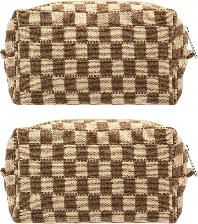 Checkered Makeup Bag for Purse, Small Travel Cosmetic Pouch,Coffee,2 Pack