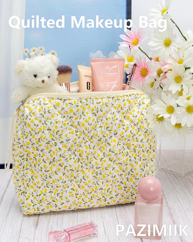 Quilted Makeup Pouch for Women, Travel Cosmetic&Toiletry Bag,Floral Yellow