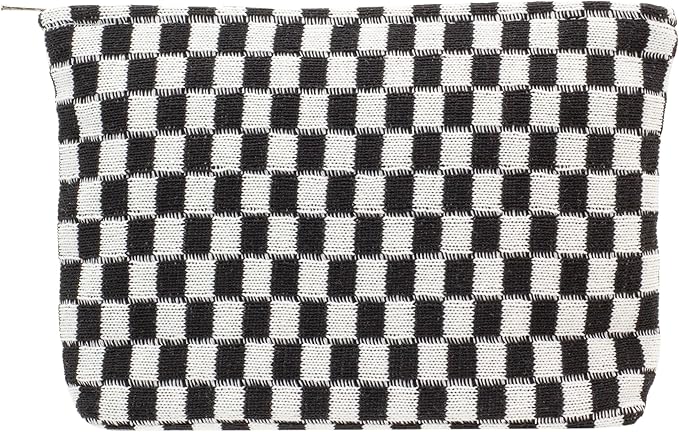 PAZIMIIK Checkered Makeup Bag for Purse, Small Flat Cosmetic Pouch,Black