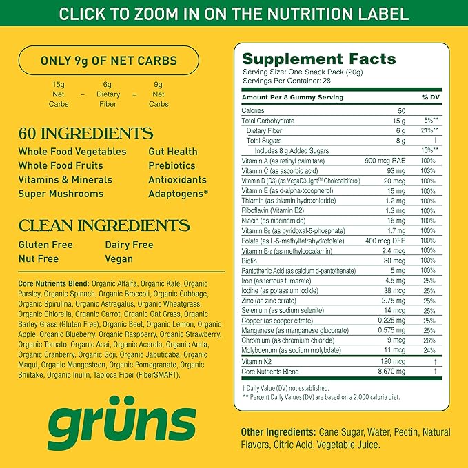 Adult Greens Gummies & Daily Multivitamin, Prebiotic Fiber, 28 ct