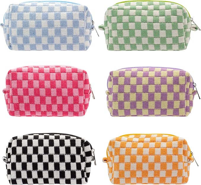 Checkered Makeup Bag for Purse, Small Travel Cosmetic Pouch,Colorful,6 Pack