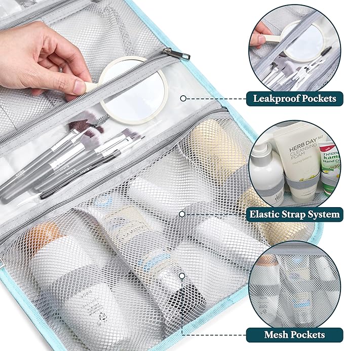 PAVILIA Hanging Toiletry Bag for Women Men, Large Foldable Toiletries Organizer with Hook, Water-Resistant Makeup Cosmetic Rollup Case, Clear Pockets for Bathroom, Gym, Cruise (Teal Chevron)