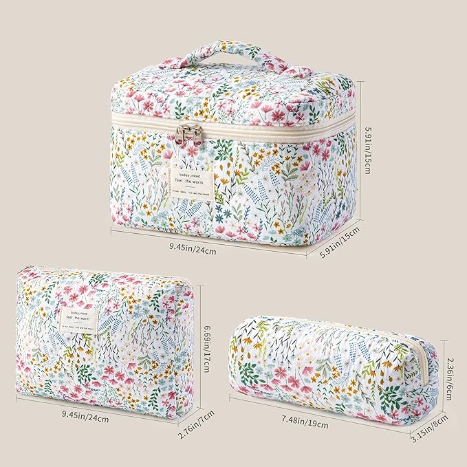 HBselect Quilted Makeup Bag, 3Pcs Cotton Large Travel Makeup Bags Organizer