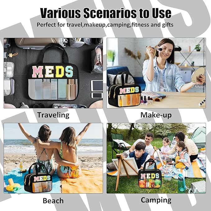 BuyCard Chenille Letter Clear Medicine Makeup Bag for Travel, Preppy Patch Nylon Cosmetic Meds Pouch with Handles and Zipper, Waterproof Large Travel Toiletry Bag Storage Case for Women Black