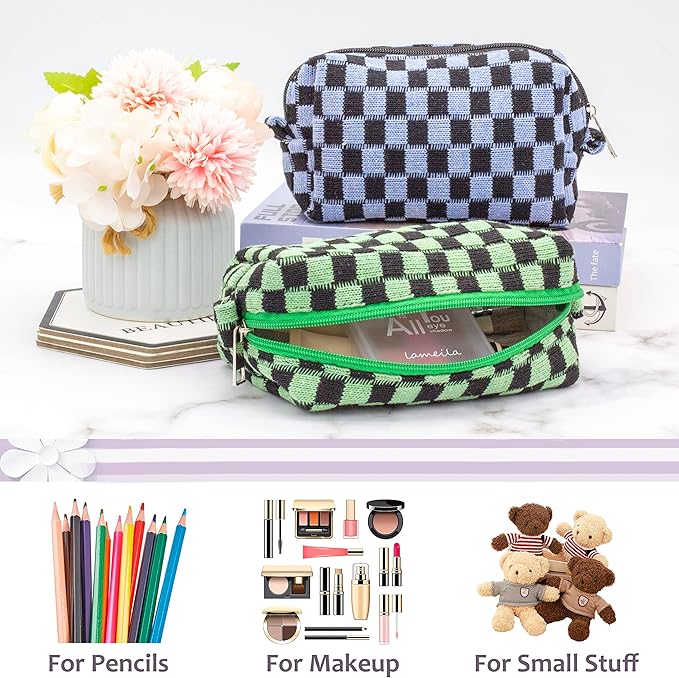 Checkered Makeup Bag for Purse, Small Cosmetic Pouch,Green Blue,2 Pack