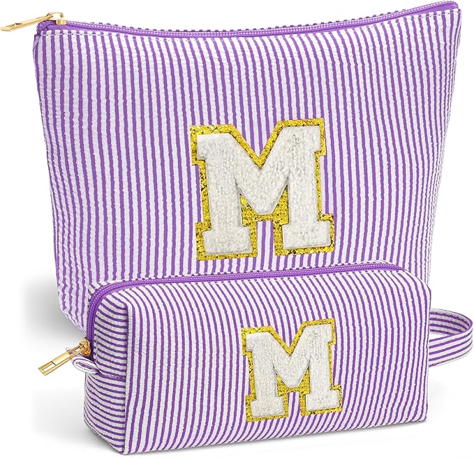 Fohufo Initial Cosmetic Bag Set - Travel Bag Makeup Pouch, Makeup Bag with Zipper Make up Kit Preppy Stuff Stocking Stuffers Birthday Gifts for Women Travel Essentials Travel Bag, Purple Letter M