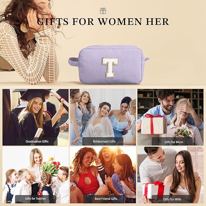 YOOLIFE Gifts for Women Teen Girls - Initial Makeup Bag Cosmetic Bag Toiletry Pouch, Personalized Birthday Gifts for Women Girls Mom Daughter Sister Friends, Light Blue A