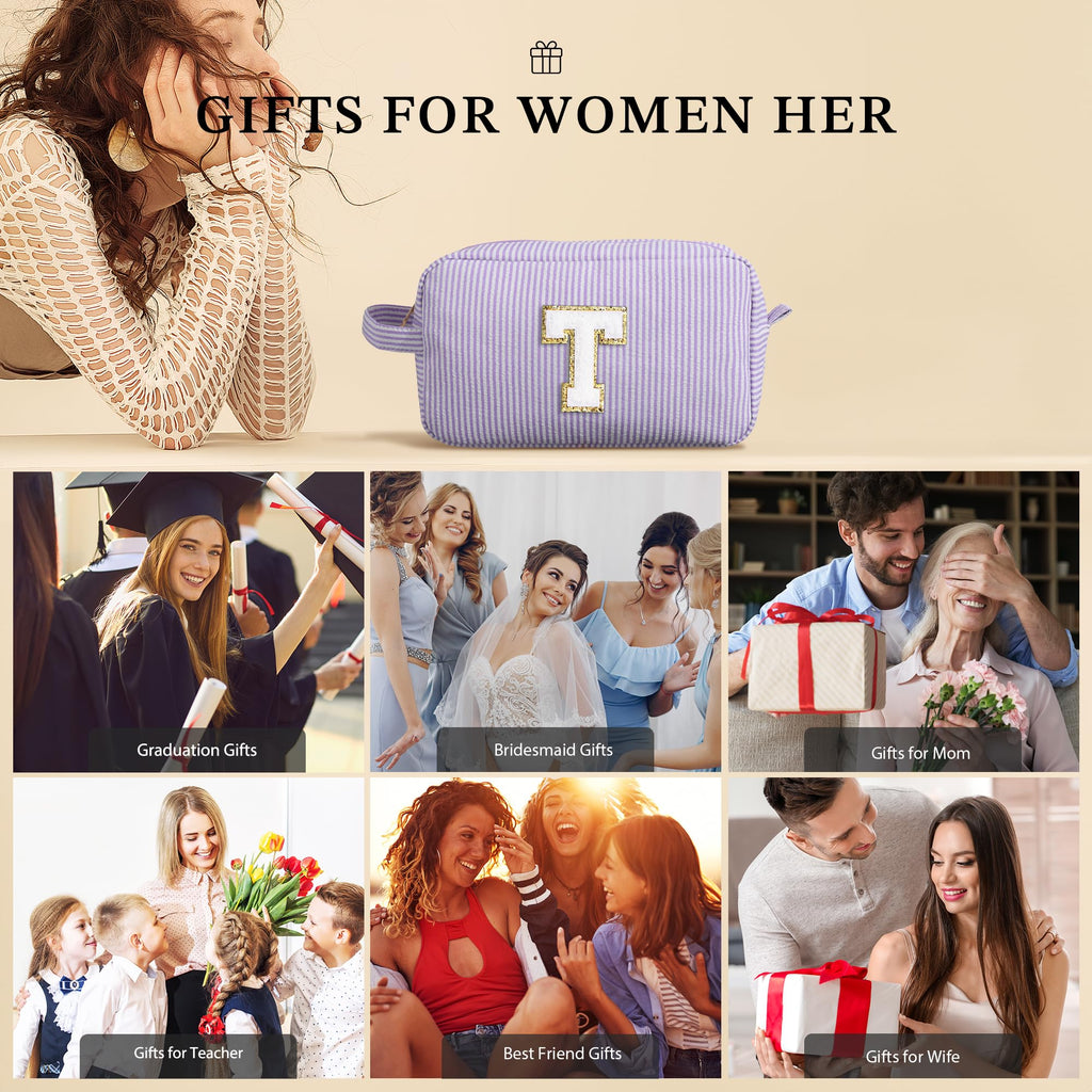 YOOLIFE Gifts for Women Teen Girls Kids - Initial Makeup Bag Cosmetic Bag Toiletry Pouch, Personalized Birthday Gifts for Women Girls Mom Daughter Sister Friends, Light Blue M