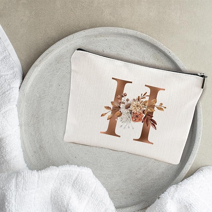 YKYENR A-Z Boho Personalized Cosmetic Bag-Floral Cotton Letter Makeup Bag With Zipper-Artistic Cosmetic Bag For Travel-Bride,Birthday Gift For Women Daughter Friends-Women Makeup Organizer-A08