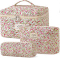 HBselect Quilted Makeup Bag, 3Pcs Cotton Large Travel Makeup Bags Organizer