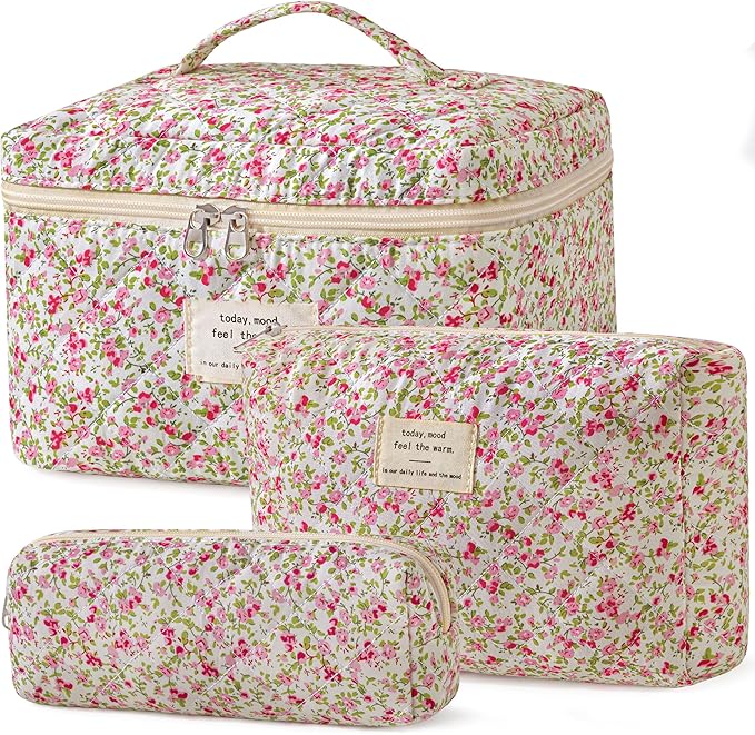 HBselect Quilted Makeup Bag, 3Pcs Cotton Large Travel Makeup Bags Organizer