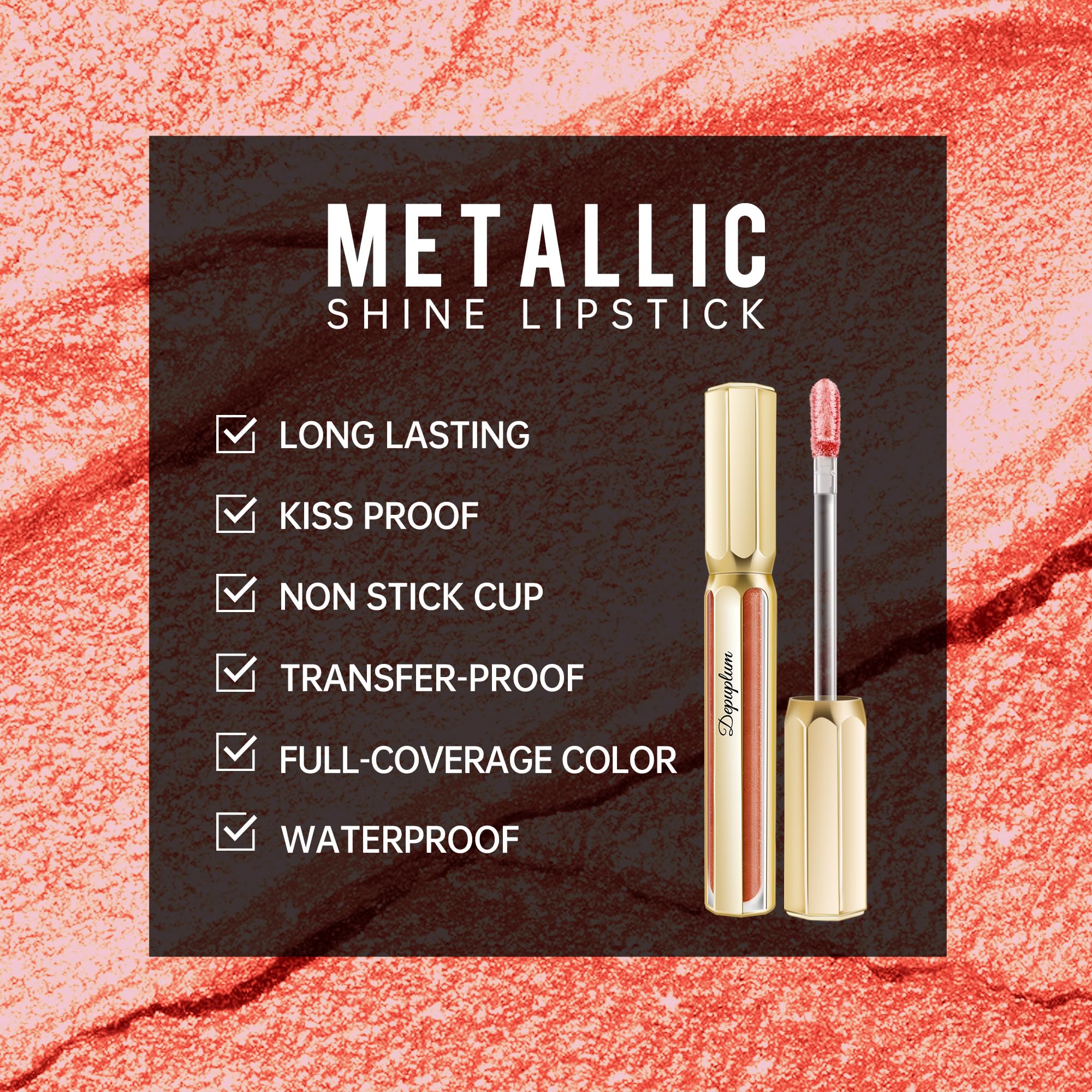 Peach Red Lipsticks for Women Metallic Glitter Lipstick Long Lasting