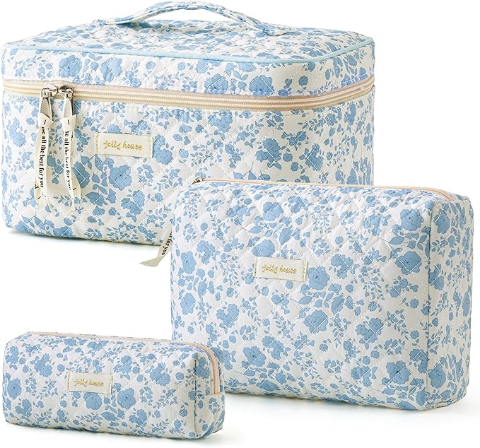 HBselect Quilted Makeup Bag, 3Pcs Cotton Large Travel Makeup Bags Organizer