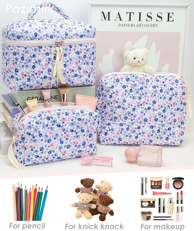 3 Piece Quilted Makeup Bag Set for Women,Cosmetic&Toiletry Bag,Floral Blue