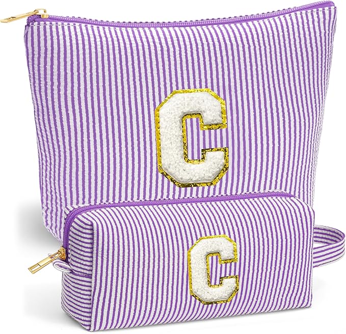 Fohufo Initial Makeup Kit - Cosmetic Bags for Women, Make up Bag Set Portable Travel Toiletry Bag with Zipper, Cute Purple Stuff Birthday Gifts for Women Mom Girlfriend, Purple Letter C
