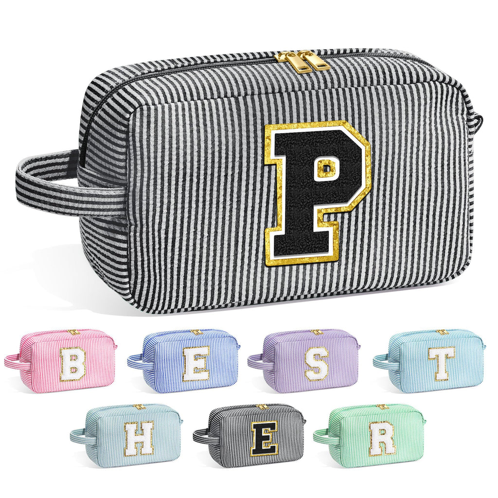 YOOLIFE Initial Cosmetic Bag for Women - Monogram Cute Makeup Bag Cosmetic Case Toiletry Pouch for Women Her Best Friend Sister Teacher, Personalized Birthday Gifts for Women, Black P