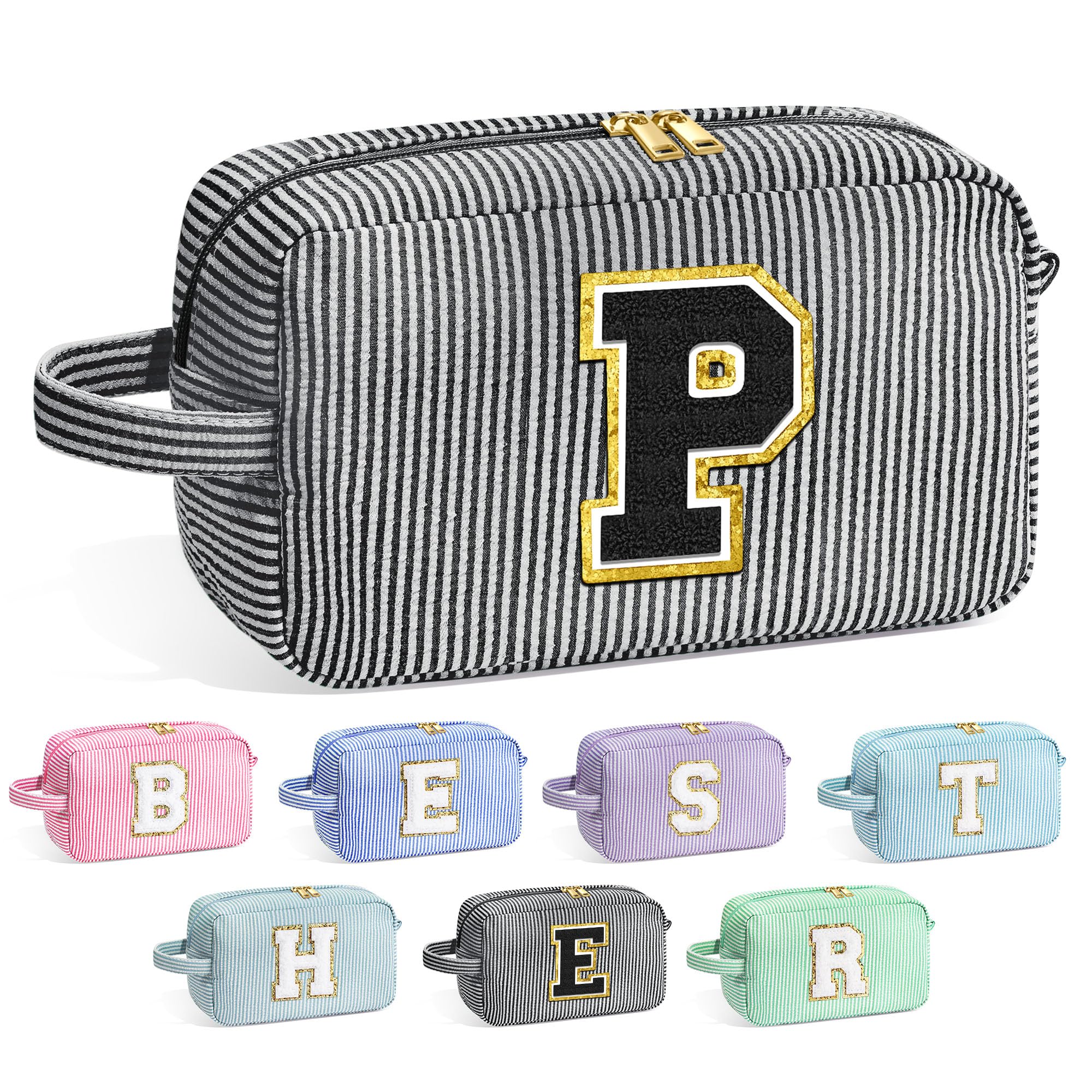 YOOLIFE Initial Cosmetic Bag for Women - Monogram Cute Makeup Bag Cosmetic Case Toiletry Pouch for Women Her Best Friend Sister Teacher, Personalized Birthday Gifts for Women, Black P