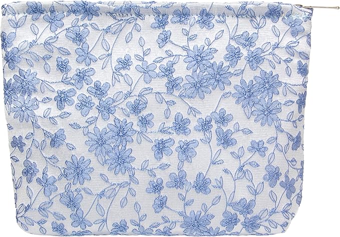Flat Makeup Bag for Women,Zipper Cosmetic Pouch for Purse,Brocade Silver