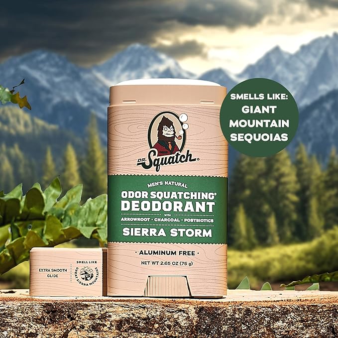 Dr. Squatch Natural Men’s Deodorant – Aluminum Free Natural Deodorant Men with Charcoal & Postbiotics for 72-Hour Odor Protection – Mountain Meadow & Lumberjack Lodge, 2.65oz Stick (3-Pack)