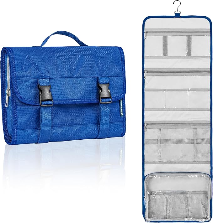 PAVILIA Travel Hanging Toiletry Bag for Women Men, Large Capacity Makeup Bag Kit, Waterproof Cosmetic Storage Organizer Case for Bathroom Shower, Royal Blue