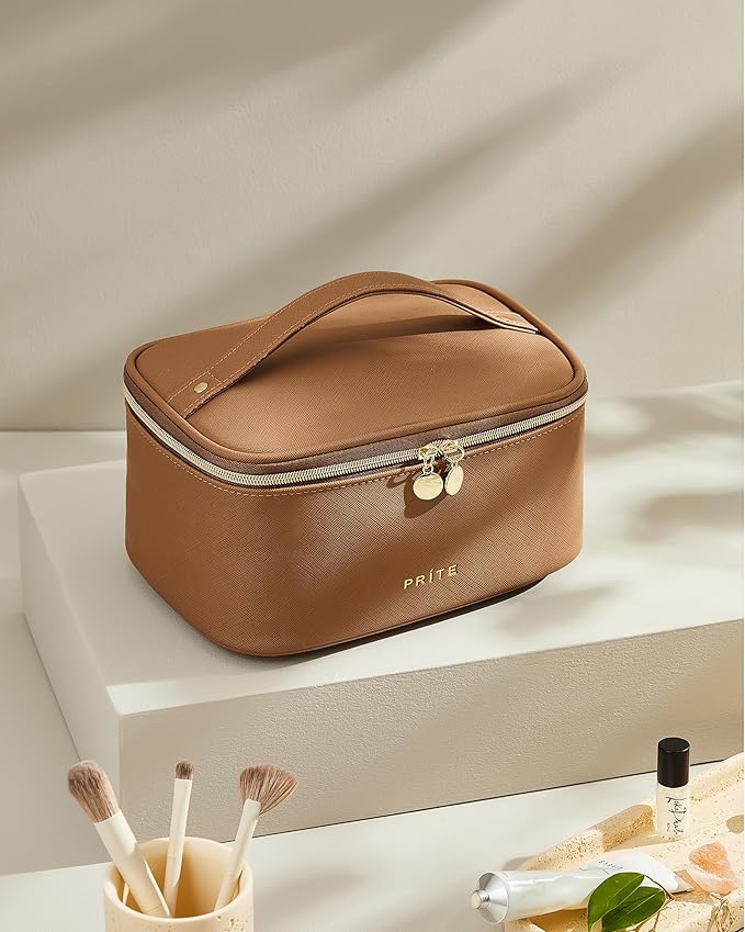 Prite Makeup Bag Travel Cosmetic Case, Women Toiletry bag Organizer, Brown