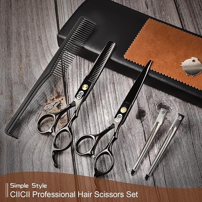 CIICII Hair Cutting Scissors Shears Kit, 6.7″ Barber Scissors Set (Black)