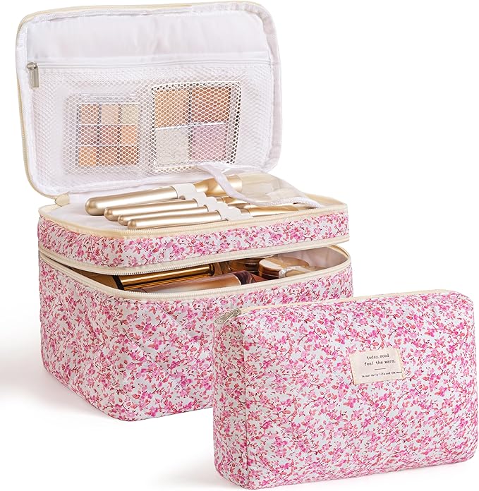 HBselect 2Pcs Travel Makeup Bag Large Quilted Cosmetic Bag Make up Bag