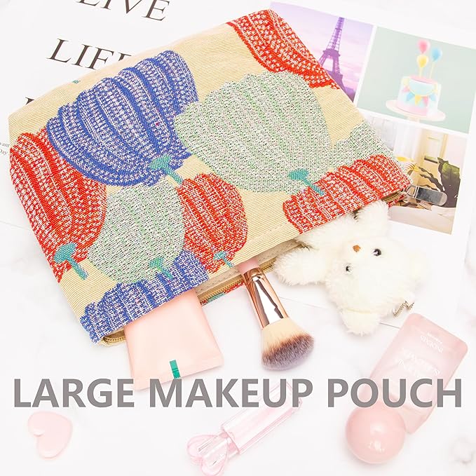 Flat Makeup Bag for Women,Zipper Cosmetic Pouch for Purse,Linen Colorful
