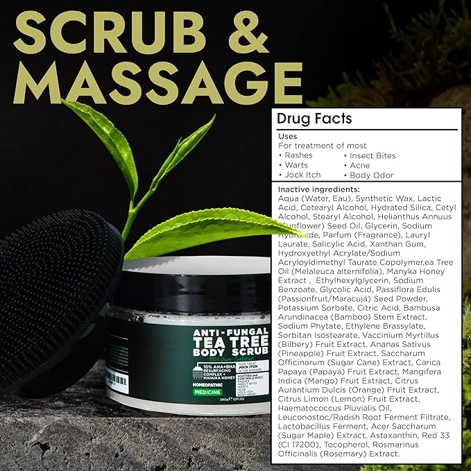 Antifungal Body Scrub with Tea Tree Oil Soothes Itchy Skin & Rashes