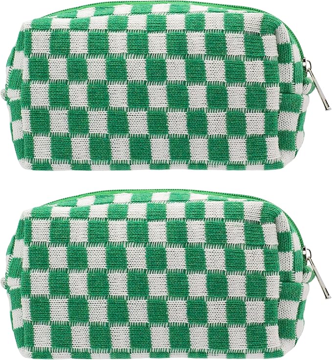 Checkered Makeup Bag for Purse, Small Travel Cosmetic Pouch,Green,2 Pack