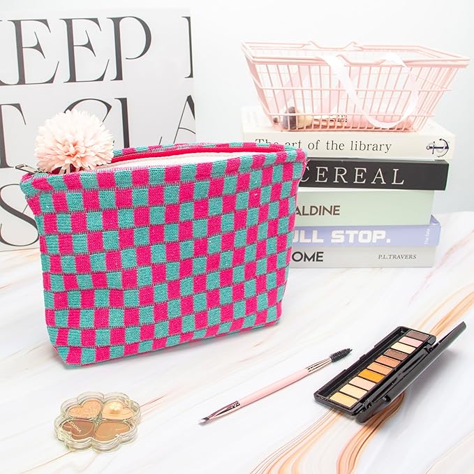 Checkered Makeup Bag for Purse, Small Flat Cosmetic Pouch,Magenta Green